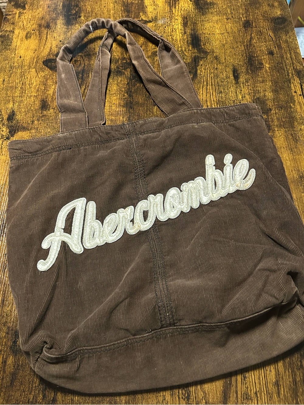 Abercrombie & Fitch Brown Corduroy Tote with Cream Script Logo